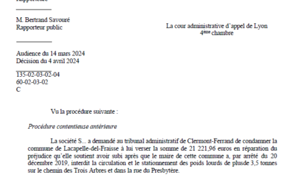 Cour d’appel administrative de Lyon du 4 avril 2024 : RG n°22LY02294 – Condamnation d’une Mairie