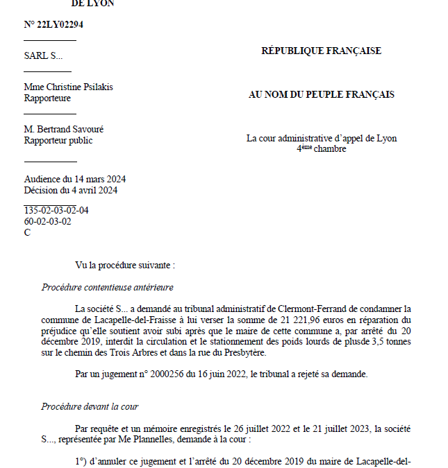 Cour d’appel administrative de Lyon du 4 avril 2024 : RG n°22LY02294 – Condamnation d’une Mairie
