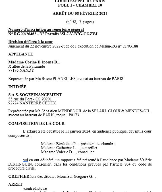 Cour d’appel de Paris du 8 février 2024 – RG – 22/20462 : Condamnation d’une banque