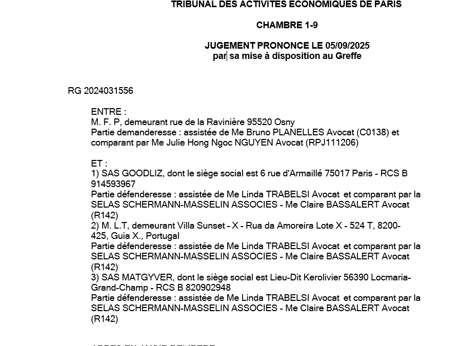 Jugement du Tribunal de commerce de Paris, 5 septembre 2025, n° 2024031556 : Litige associés
