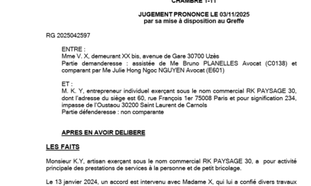 Jugement du Tribunal de commerce / TAE de Paris, 3 novembre 2025, n° 2025042597 : Remboursement travaux inachevés