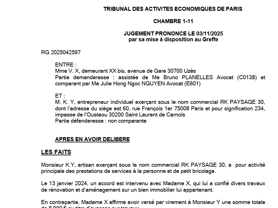 Jugement du Tribunal de commerce / TAE de Paris, 3 novembre 2025, n° 2025042597 : Remboursement travaux inachevés